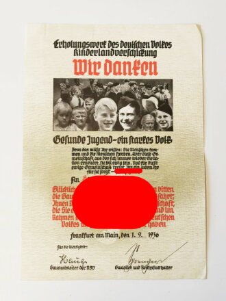 Kinderlandverschickung Dankesurkunde DIN A4, ausgestellt in Frankfurt/Main 1936
