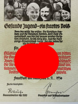 Kinderlandverschickung Dankesurkunde DIN A4, ausgestellt in Frankfurt/Main 1936