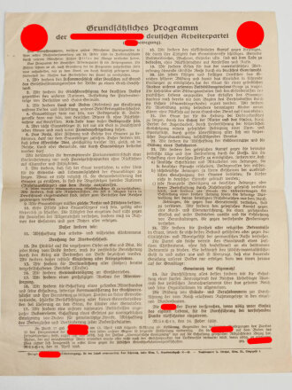 Flugblatt "Grundsätzliches Programm der NSDAP ( Hitlerbewegung) datiert 1920, etwas über DIN A4