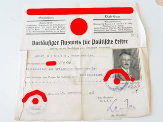 NSDAP Papiernachlass eines politischen Leiters der Ortsgruppe Wemmetsweiler (Saar ) bestehend aus Mitgliedsbuch NSDAP , Amswalter Ausweis  von 1933, Vorläufiger Ausweis für pol.Leiter von 1935 und diversem Schriftverkehr