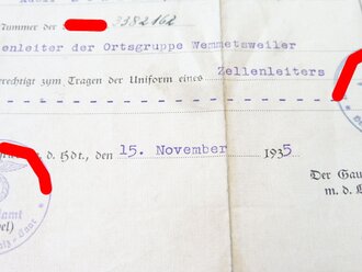 NSDAP Papiernachlass eines politischen Leiters der Ortsgruppe Wemmetsweiler (Saar ) bestehend aus Mitgliedsbuch NSDAP , Amswalter Ausweis  von 1933, Vorläufiger Ausweis für pol.Leiter von 1935 und diversem Schriftverkehr