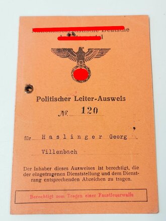 NSDAP Papiernachlass eines politischen Leiters der Ortsgruppe Villenbach(Schwaben) bestehend aus Mitgliedsbuch NSDAP, eingetreten 1935 , Politischer Leiter Ausweis  von 1941 sowie Entnazifizierung