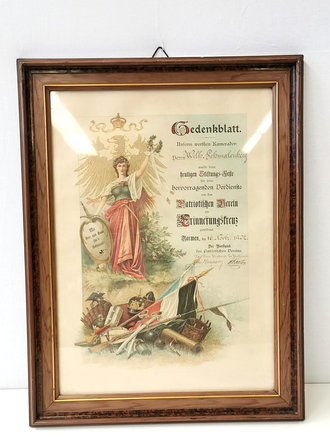 Gedenkblatt zur Widmung eines Erinnerungskreuzes anlässlich des Stiftungs Festes des patriotischen Verein Barmen. Großformatig, original gerahmt, Maße des Rahmens 42 x 56cm