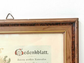 Gedenkblatt zur Widmung eines Erinnerungskreuzes anlässlich des Stiftungs Festes des patriotischen Verein Barmen. Großformatig, original gerahmt, Maße des Rahmens 42 x 56cm