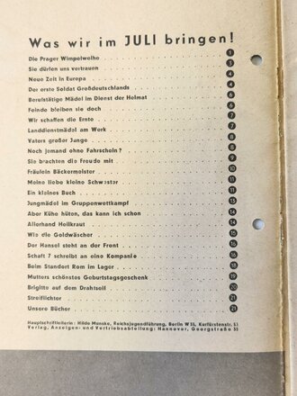 Das Deutsche Mädel - Die Zeitschrift des BDM, Jahrgang 1940 Juliheft, gelocht