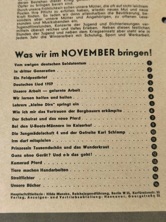 Das Deutsche Mädel - Die Zeitschrift des BDM, Jahrgang 1939 Novemberheft, gelocht