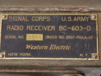 U.S. 1942 dated Signal Corps Radio Receiver BC-603-D,...
