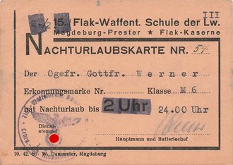 Nachturlaubskarte 15. Flak-Waffent. Schule der Lw., 7,8 x...