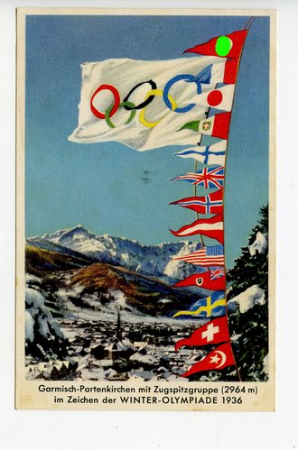 Ansichtskarte "Garmisch-Patenkirchen mit Zugspitzgruppe im Zeichen der Winterolympiade 1936"