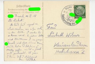 III. Reich - farbige Propaganda-Postkarte - " Reichsparteitag Nürnberg 1937 " gelaufen