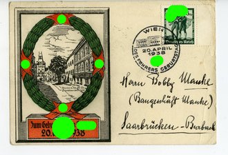 Ansichtskarte " Zum Geburtstag des Führers 20.April 1938" , aus Wien gelaufen