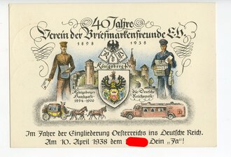 Ansichtskarte " 40 Jahre Verein der Briefmarkenfreunde eV 1938", 10. April 1938