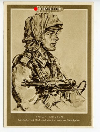 Ansichtskarte "Infanteristen - Grenadier mit Mückenschleier im russischen Sumpfgebiet"