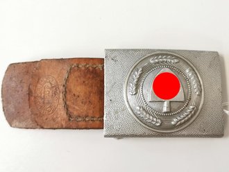 Reichsarbeitsdienst, Koppelschloss für Mannschaften aus Aluminium. Getragenes Stück an Lederlasche von 1939