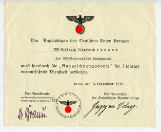 Deutsches Rotes Kreuz, Verleihungsurkunde zur "Auszeichnungsborte" für 5 Jahre Dienstzeit datiert 1939