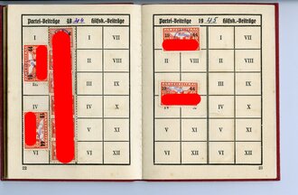 2 Stück Mitgliedsbuch der NSDAP Ausgaben 1932 und 1935 für einen Propagandaleiter mit der Mitgliedsnummer 771617. Beide komplett und gut