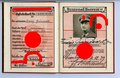 2 Stück Mitgliedsbuch der NSDAP Ausgaben 1932 und 1935 für einen Propagandaleiter mit der Mitgliedsnummer 771617. Beide komplett und gut