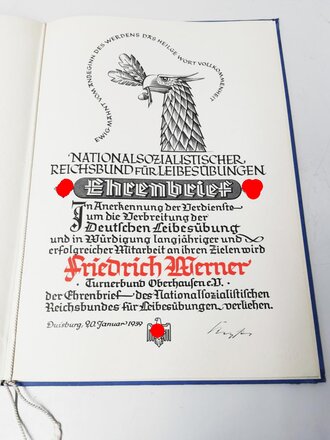 NSRL Ehrenbrief datiert 1939. Grossformatige Urkunde in Mappe, sehr guter Zustand