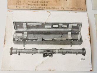 Inhaltsverzeichnis und Abbildung für den Transportkasten zum Entfernungsmesser 36, jeweils mit Chelluloidabdeckung