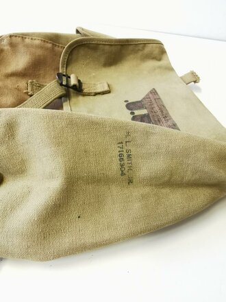 U.S.Army 1944 dated mussette bag, named, straps cut