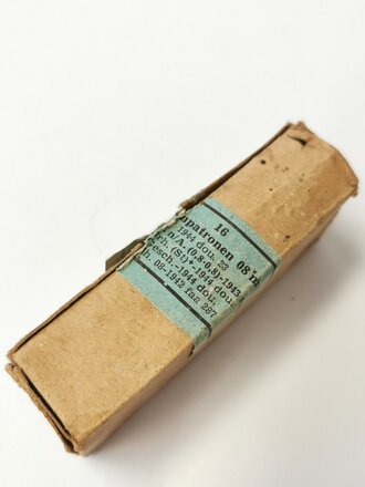 Pappschachtel für " 16 Pistolenpatronen 08 m.E." datiert 1943