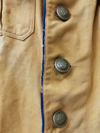 Reichskolonialbund, Uniformjacke aus glattem Stoff mit blauen Vorstößen, die Effekten original vernäht, mit der passenden Fangschnur. Guter Zustand
