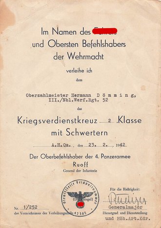 Nebelwerfer Regiment 52, Verleihungsurkunde zum KVK 2.Klasse mit Schwertern datiert 1942