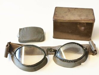 Brille für Kradmelder der Wehrmacht, wenig gebrauchtes Set in sehr gutem Zustand, datiert 1940, die Dose leicht verbeult