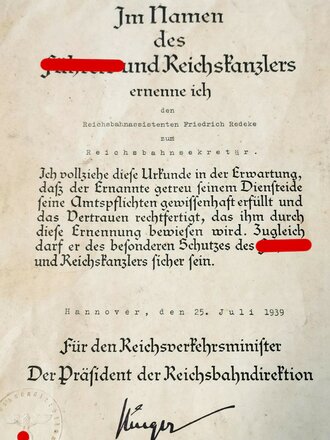 Deutsche Reichsbahn, grossformatige Ehrenurkunde und diverse Papiere