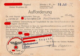 HJ Gebiet Westfalen, Aufforderung zur Tauglichkeitsuntersuchung für den Streifendienst der HJ bei der SS Dienststelle in Detmold. Als SS Feldpost gelaufen