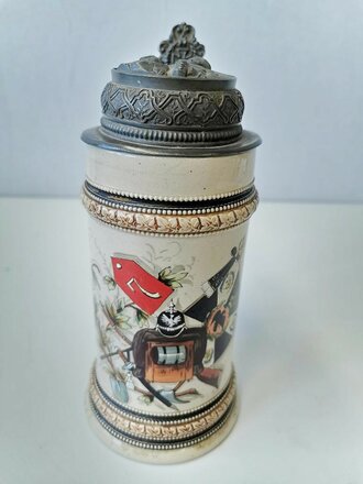 Kaiserreich, dekorativer Andenkenkrug mit Zinndeckel, leichte Gebrauchsspuren, Gesamthöhe 21cm