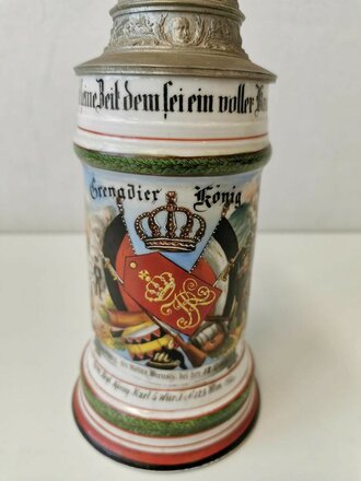 Württemberg, Reservistenkrug eines Angehörigen in "Gren.Rgt. König Karl 5.Württ. No.23 Ulm"  Unbeschädigtes Stück mit normalen Gebrauchsspuren.