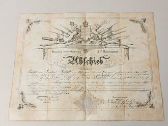 Königlich württembergisches 3tes Reiterregiment, Abschiedurkunde datiert 1864, gefaltet