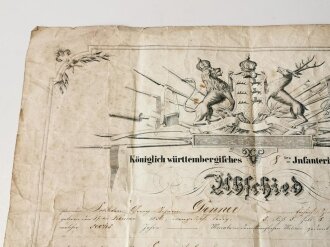 Königlich württembergisches 8tes Infanterieregiment, Abschiedurkunde datiert 1863, gefaltet und eingerissen