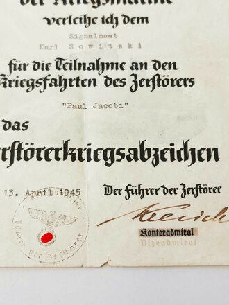 Verleihungsurkunde zum Zerstörerkriegsabzeichen...