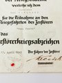 Verleihungsurkunde zum Zerstörerkriegsabzeichen für einen Angehörigen von Zerstörer 5 Paul Jacobi . Ausgestellt am 13.April 1945