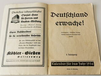 Deutschland erwache, Kalender für das Jahr 1934, A5, 94 Seiten, das Hakenkreuz auf dem Einband zum Teil vermalt