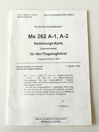 Reproduktion, Me 262 A-1, A-2, Bedienungs-Karte für den Flugzeugführer, datiert 1944, A6, 21 Seiten