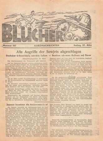 Armeezeitung "Blücher Kurznachrichten", Nummer 187, Freitag, 27. März, A4, 1 Seite Vorder- und Rückseite bedruckt