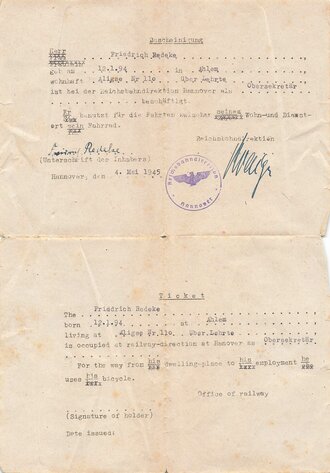 Fahrrad-Ausweis, Bescheinigung und Ticket eines Obersekretärs der Reichsbahndirektion, datiert 1945