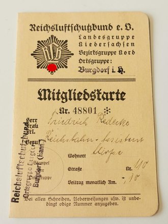 Reichsluftschutzbund Ortsgruppe Burgdorf i.H., Mitgliedskarte Geschäftsjahr 1934-1936