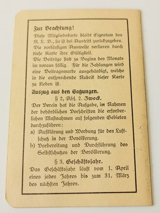 Reichsluftschutzbund Ortsgruppe Burgdorf i.H., Mitgliedskarte Geschäftsjahr 1934-1936