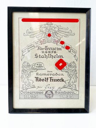 Stahlhelmbund, original gerahmte Urkunde "Für treue im Stahlhelm" Ortsgruppe Hamborn 1925-1935. Maße 24,5 x 31,5cm