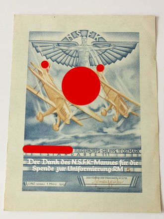 NSFK Gruppe 17 Ostmark, grossformatige Spendenurkunde datiert 1939. Maße 28x38cm