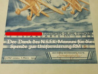NSFK Gruppe 17 Ostmark, grossformatige Spendenurkunde datiert 1939. Maße 28x38cm