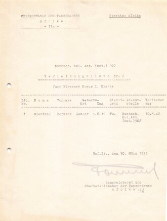 Erwin Rommel, eigenhändige Unterschrift auf Verleihungsvorschlg zum Eisernen Kreuz 1.Klasse als Generaloberst und Oberbefehlshaber der Panzerarmee Afrika am 30.März 1942. Dazu eine Niemann Expertise von 2004