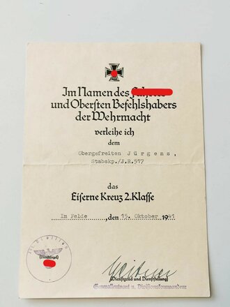 Heer, Urkundengruppe für einen Träger der Nahkampfspange in bronze. Angehöriger des I.R.517, später Gren.Rgt. 517 das in der Schlacht um Stalingrad vernichtet wurde.