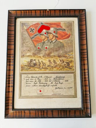 Original gerahmte Dienstzeiturkunde für einen Angehörigen eines Infanterie Reiterzug Im 34. Inf. Rgt. von 1936