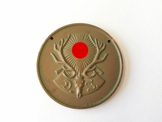 Deutsche Jägerschaft, Leichtmetallmedaille anlässlich der internationalen Jagdausstellung Berlin 1937, Durchmesser 40mm, die beiden Bohrungen zusätzlich angebracht