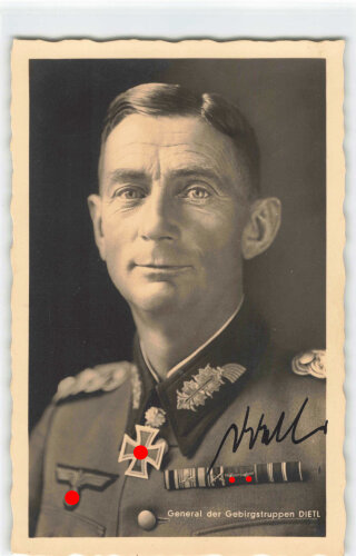 General der Gebirgstruppen Dietl, eigenhändige Unterschrift auf Hoffmann Fotopostkarte